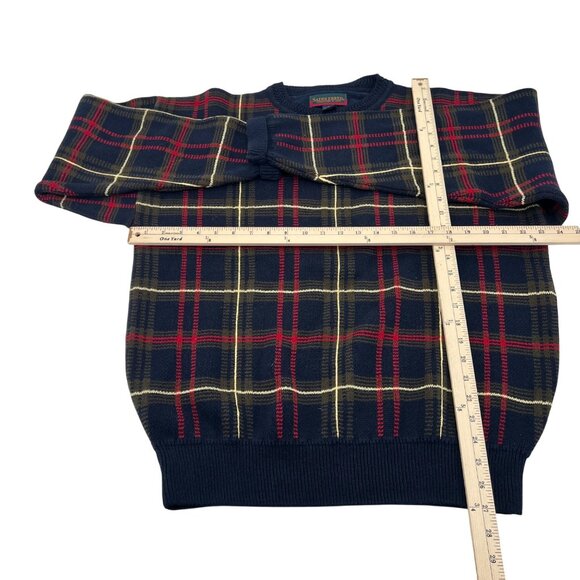 Saddlebred Mens Vintage Plaid Sweater Navy Red Yellow 100% Cotton Size L - Picture 2 of 4